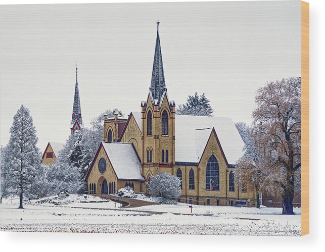 Koshkonong Wood Print featuring the photograph East Koshkonong Norwegian Lutheran Churches viewed from the south east in wintertime by Peter Herman