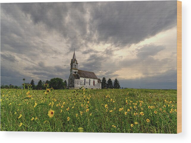  Wood Print featuring the photograph East Norway Lutheran Church in Nelson County ND - abandoned church with wildflowers by Peter Herman