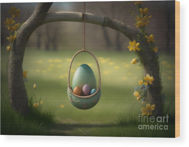Easter Wood Print featuring the digital art Easter Egg Serenity, Photorealistic Swing with a Festive Touch by Jeff Creation
