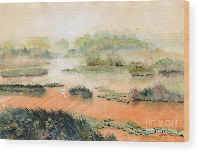 Egret On The Marsh Wood Print featuring the painting Egret On The Marsh by Melly Terpening