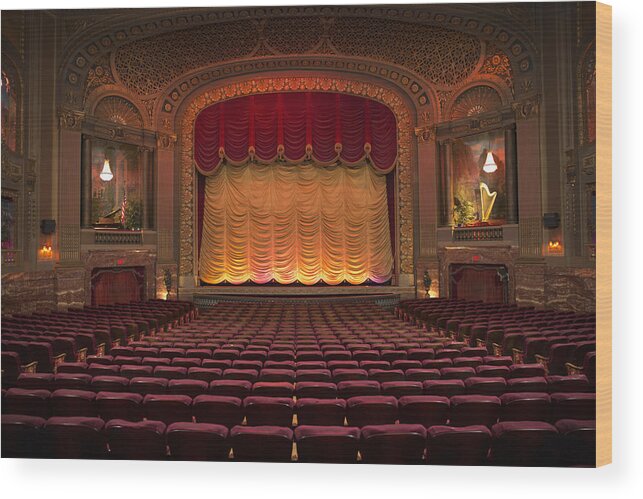 Empty Wood Print featuring the photograph Empty seats in ornate movie theater by Ariel Skelley