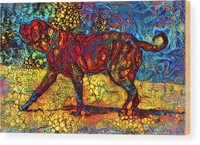 English Mastiff Wood Print featuring the digital art English Mastiff waiting for a treat - colorful abstract painting in blue, yellow and red by Nicko Prints