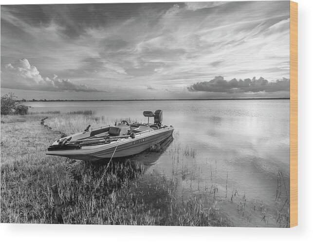 Boats Wood Print featuring the photograph Evening Fishing Boat in Black and White by Debra and Dave Vanderlaan