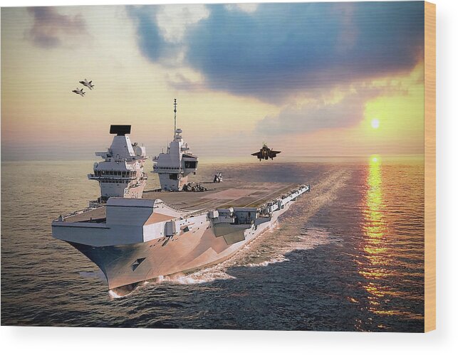 F-35 Wood Print featuring the digital art F-35s and HMS Queen Elizabeth by Airpower Art