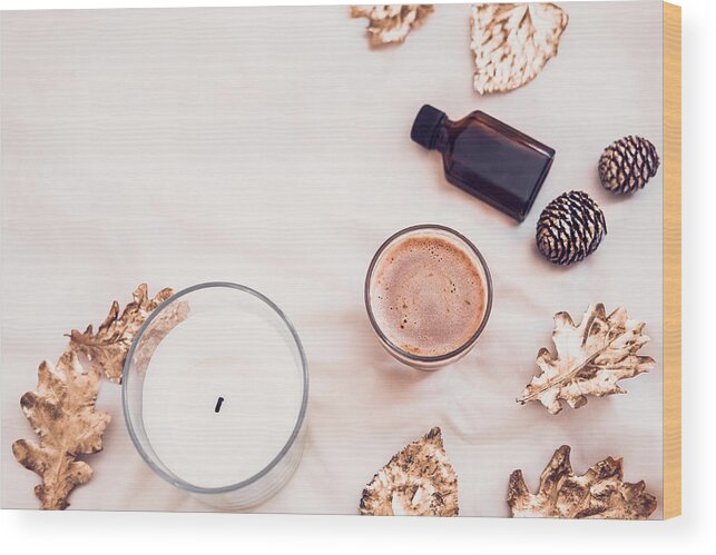 Spa Wood Print featuring the photograph Fall spa beauty products flatlay on white by JulyProkopiv