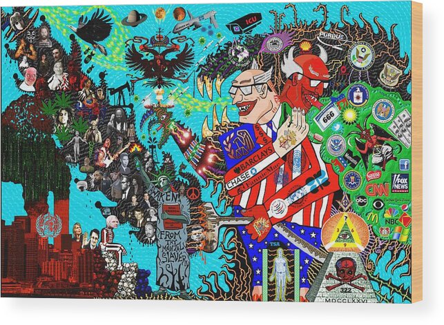 Visionary Art Wood Print featuring the mixed media False Flag Amerikka by Myztico Campo