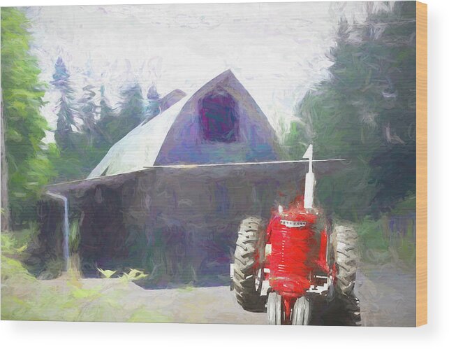 Barn Wood Print featuring the digital art Farm and Barn Tractor by Cathy Anderson