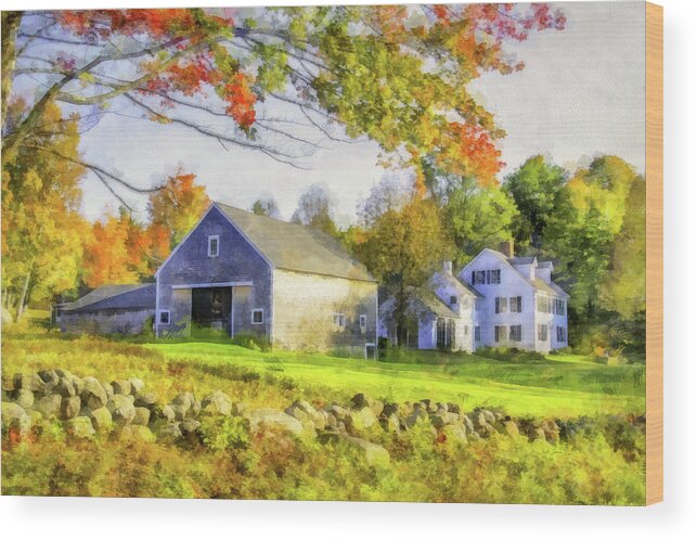 Landscape Wood Print featuring the photograph Farmhouse and Barn Scene in Autumn by Betty Denise