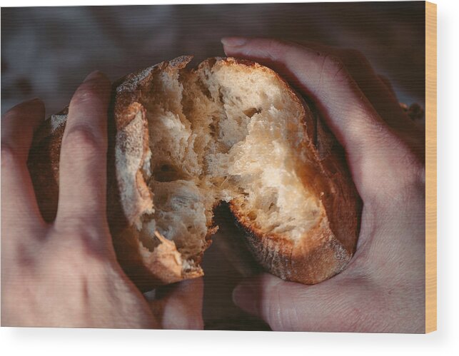 Breakfast Wood Print featuring the photograph Female hands close-up breaking fresh baguette bread by Sasha Samardzija