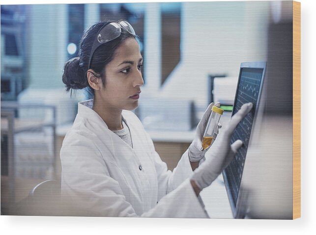 Working Wood Print featuring the photograph Female Scientist Working in The Lab, Using Computer Screen by Sanjeri
