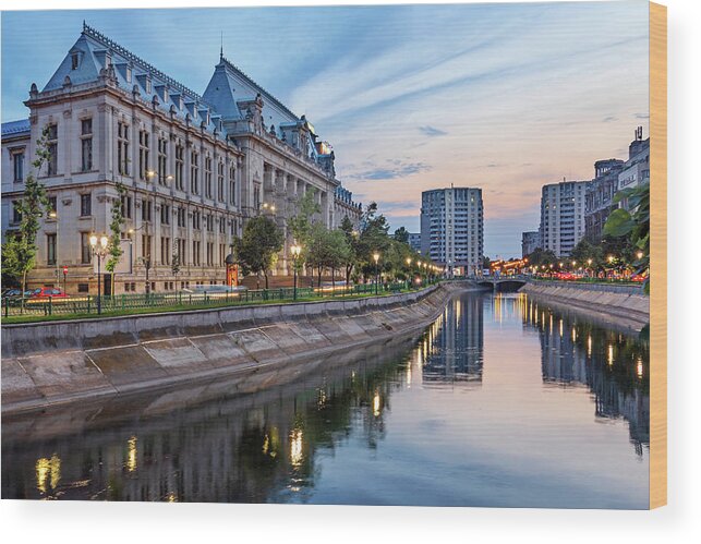 Bucharest Wood Print featuring the photograph Finance Ministry Building at Dusk - Bucharest, Romania by Barry O Carroll