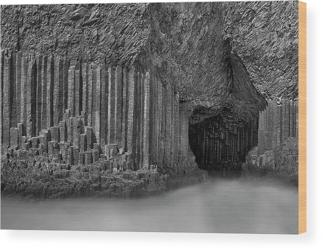 Fingals Cave Wood Print featuring the photograph Fingal's Cave - Staffa - Black and White by Jason Politte
