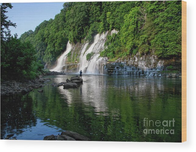 Rock Island State Park. Twin Falls Wood Print featuring the photograph Fishing At Twin Falls by Phil Perkins