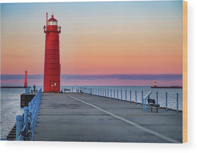 Tahquamenon Falls Wood Print featuring the photograph Fishing on the Muskegon Pier at Sunrise IMG_5997 by Michael Thomas