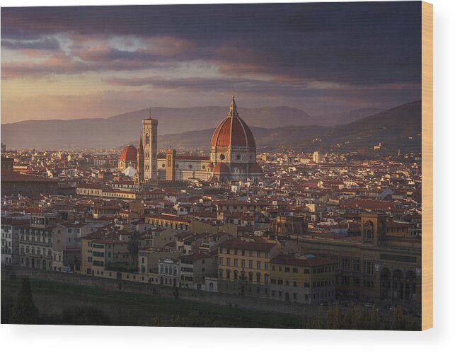 Florence Wood Print featuring the photograph Florence Duomo cathedral. Sunset view. Italy by Stefano Orazzini
