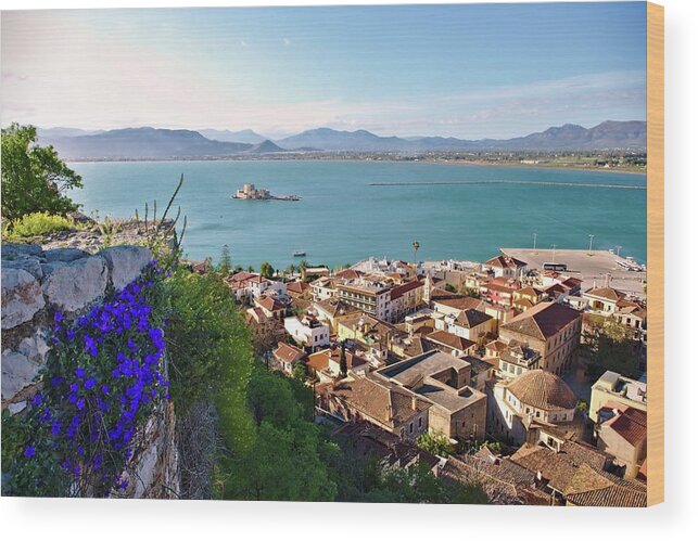 Greece Wood Print featuring the photograph Flowers on the wall, Nafplio by Sean Hannon