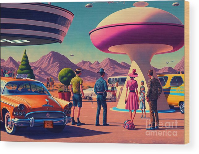 Flying Wood Print featuring the mixed media Flying Saucer Frenzy IX by Jay Schankman