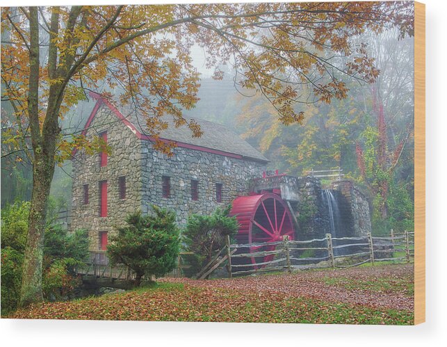 New England Fall Foliage Wood Print featuring the photograph Fog and Fall Colors at the Sudbury Grist Mill by Juergen Roth