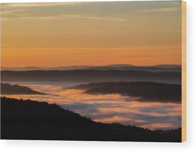 Fog Wood Print featuring the photograph Fog in the morning on the West Virginia scenic Highway 2 by Dan Friend