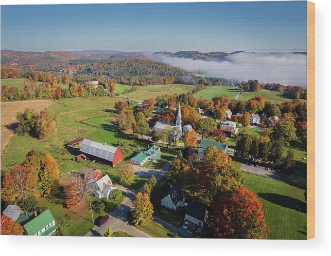 Vermont Wood Print featuring the photograph Foggy Fall Foliage Morning in Peacham, Vermont - October 2021 by John Rowe