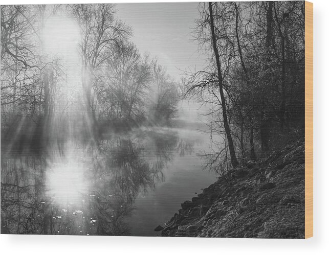 Fog Wood Print featuring the photograph Foggy Misty Morning Sunrise on James River by Jennifer White