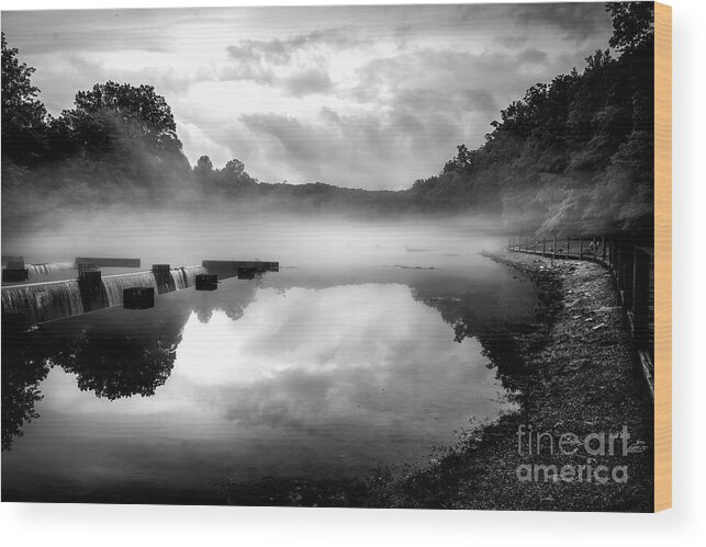 Fog Wood Print featuring the photograph Foggy Morning at the Weir by Shelia Hunt