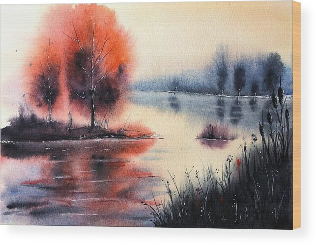 Watercolor Wood Print featuring the painting Foggy Morning on the River by Tanya Gordeeva