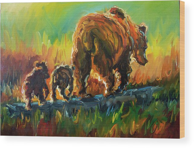 Bear Wood Print featuring the painting Follow Mom Bears by Diane Whitehead