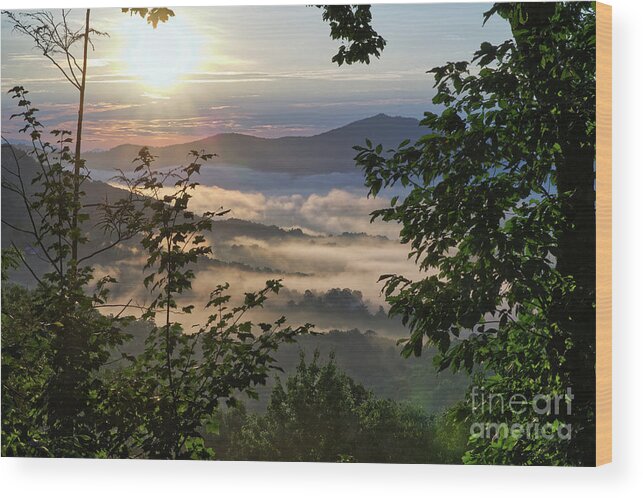 Fog Wood Print featuring the photograph Foothills Sunrise 3 by Phil Perkins