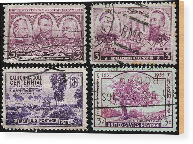 Four vintage US postage stamps from the 1930's and 1940's Wood