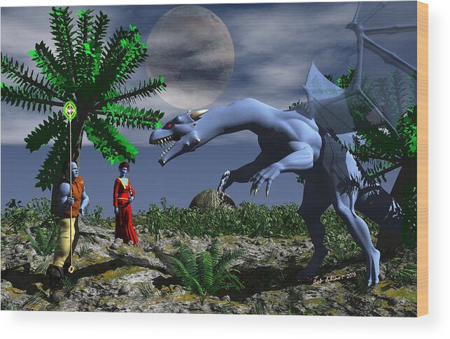 Digital Scifi Fantasy Dragon Wood Print featuring the digital art Friend or Foe by Bob Shimer