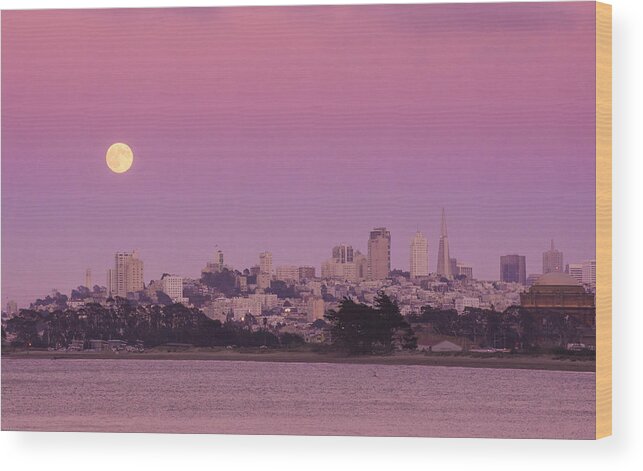 California Wood Print featuring the photograph Full moon at San Francisco city by Naphakm