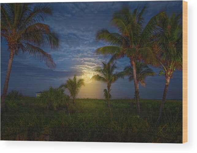 Moon Wood Print featuring the photograph Full Moon Over Pompano Beach by Mark Andrew Thomas