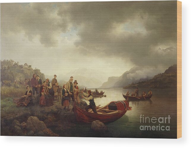 Hans Gude Wood Print featuring the painting Funeral on Sognefjord, 1853 by O Vaering by Hans Gude and Adolph Tidemand