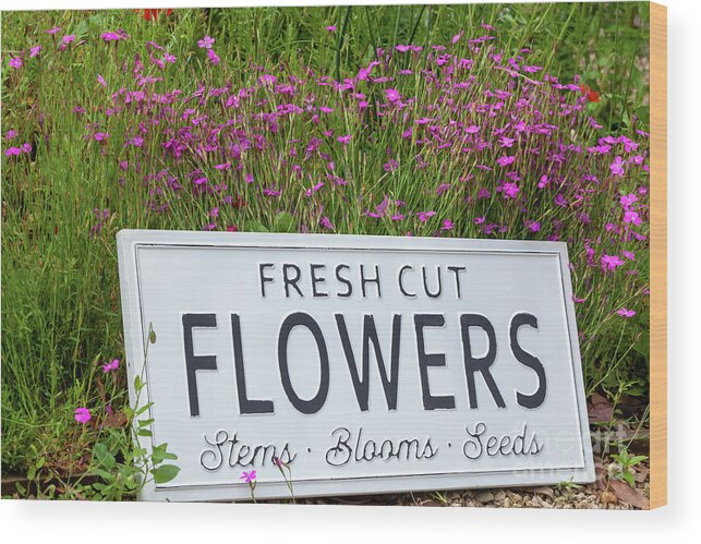 Flowers Wood Print featuring the photograph Garden flowers with fresh cut flower sign 0738 by Simon Bratt