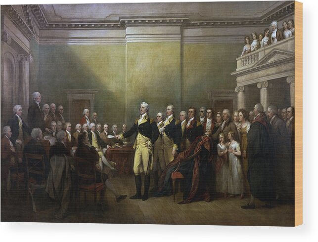 George Washington Wood Print featuring the painting General Washington Resigning His Commission by War Is Hell Store