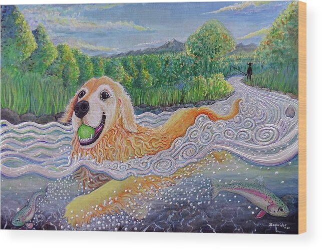 Golden Retriever Wood Print featuring the painting Get the Ball by David Sockrider