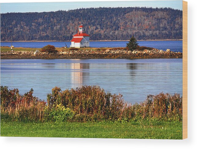Gilberts Cove Lighthouse Nova Scotia Canada Trees Light Sea Bush Blue Red Wood Print featuring the photograph Gilberts Cove Lighthouse by David Matthews