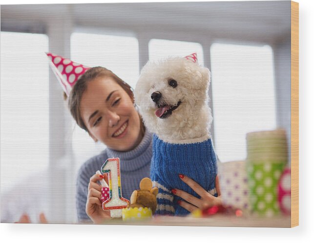 Pets Wood Print featuring the photograph Girl and her dog celebrating dog's first birthday by Fotostorm