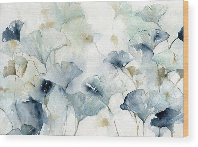 Watercolor Ginko Leaves Teals Indigo Wood Print featuring the painting Glorious Ginko by Carol Robinson