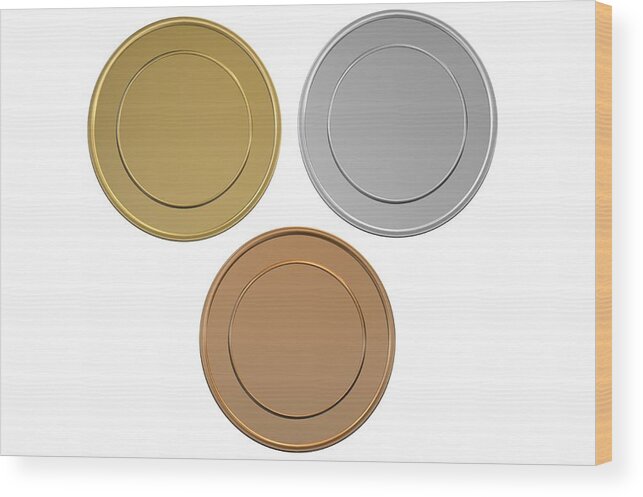 Coin Wood Print featuring the photograph Gold Silver and Bronze blank medals/coins by Roydee