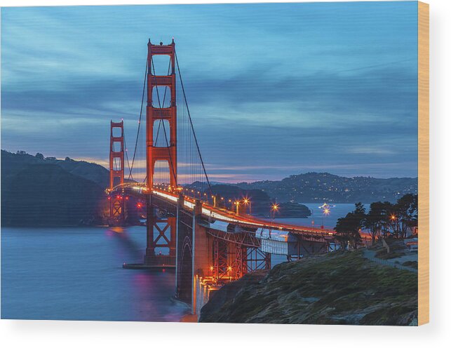 Shoreline Wood Print featuring the photograph Golden Gate At Nightfall by Jonathan Nguyen
