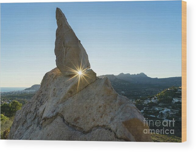 Mountain Landscape Wood Print featuring the photograph Golden sunbeams, rocks and blue sky by Adriana Mueller