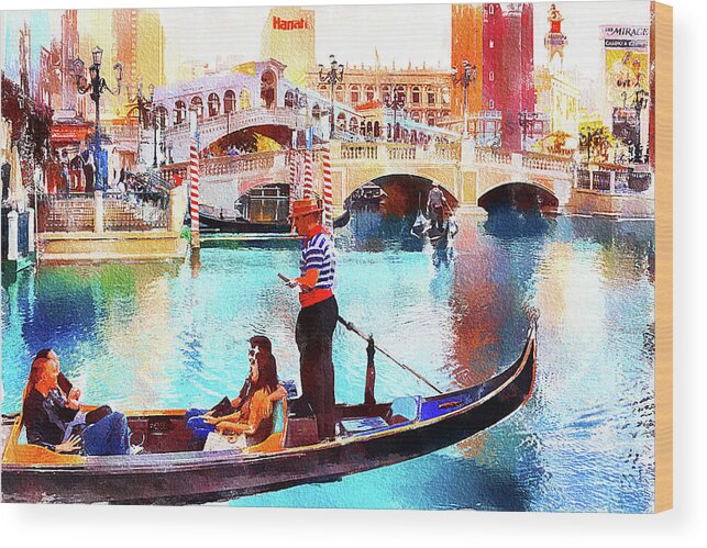 Venetian Wood Print featuring the mixed media Gondola rides at the Venetian Las Vegas by Tatiana Travelways