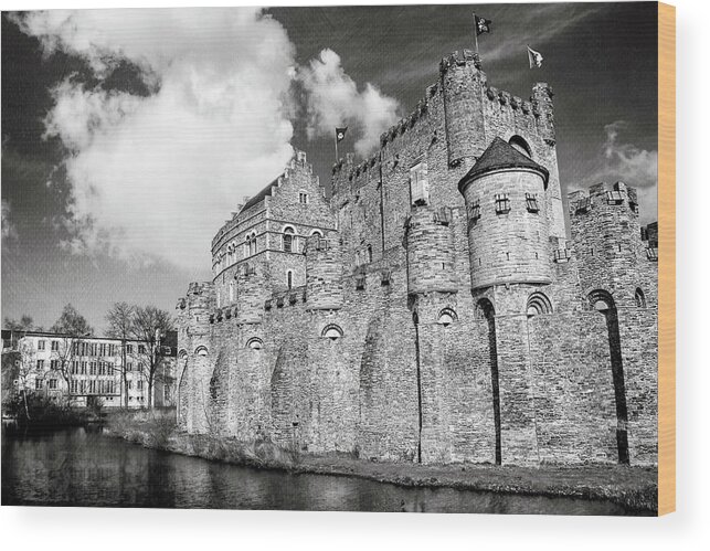 Ghent Wood Print featuring the photograph Gravensteen Castle Ghent Black and White by Carol Japp