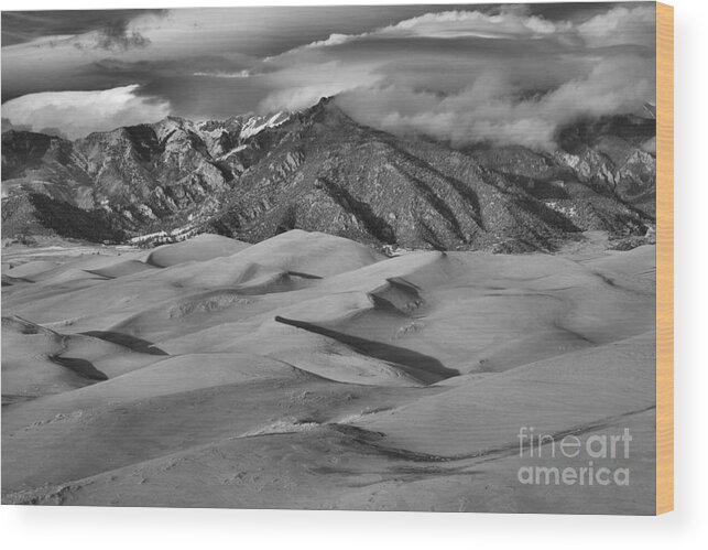 Colorado Wood Print featuring the photograph Great Dunes And Shadows Below The Mountain Peaks Black And White by Adam Jewell