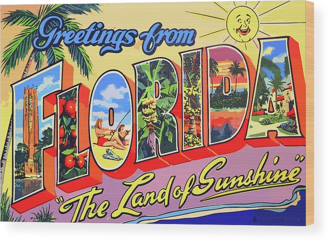 Greetings Wood Print featuring the painting Greetings from Florida, The land of sunshine by Long Shot