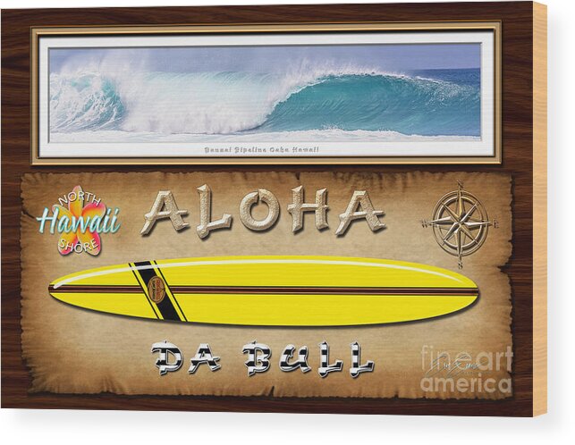 Historic Surfboards Wood Print featuring the photograph Greg Noll - A tribute to Big Wave Surfing Pioneers famous Yellow Pipe Gun by Aloha Art