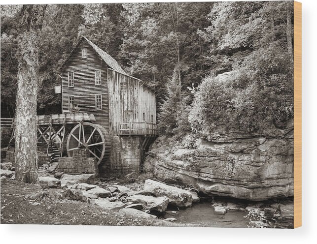 Glade Creek Mill Wood Print featuring the photograph Grist Mill of Glade Creek in Babcock State Park West Virginia - Sepia by Gregory Ballos