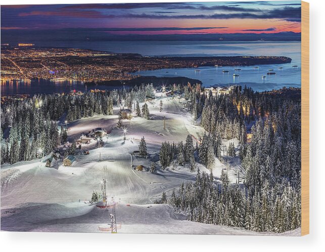 Aerial Wood Print featuring the photograph Grouse Mountain Ski resort at Dusk with a view of Vancouver city by Pierre Leclerc Photography